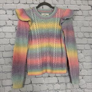 LOFT Spacedye Ruffle Sleeve Fisherman Sweater Women's Small S Crew Neck Colorful